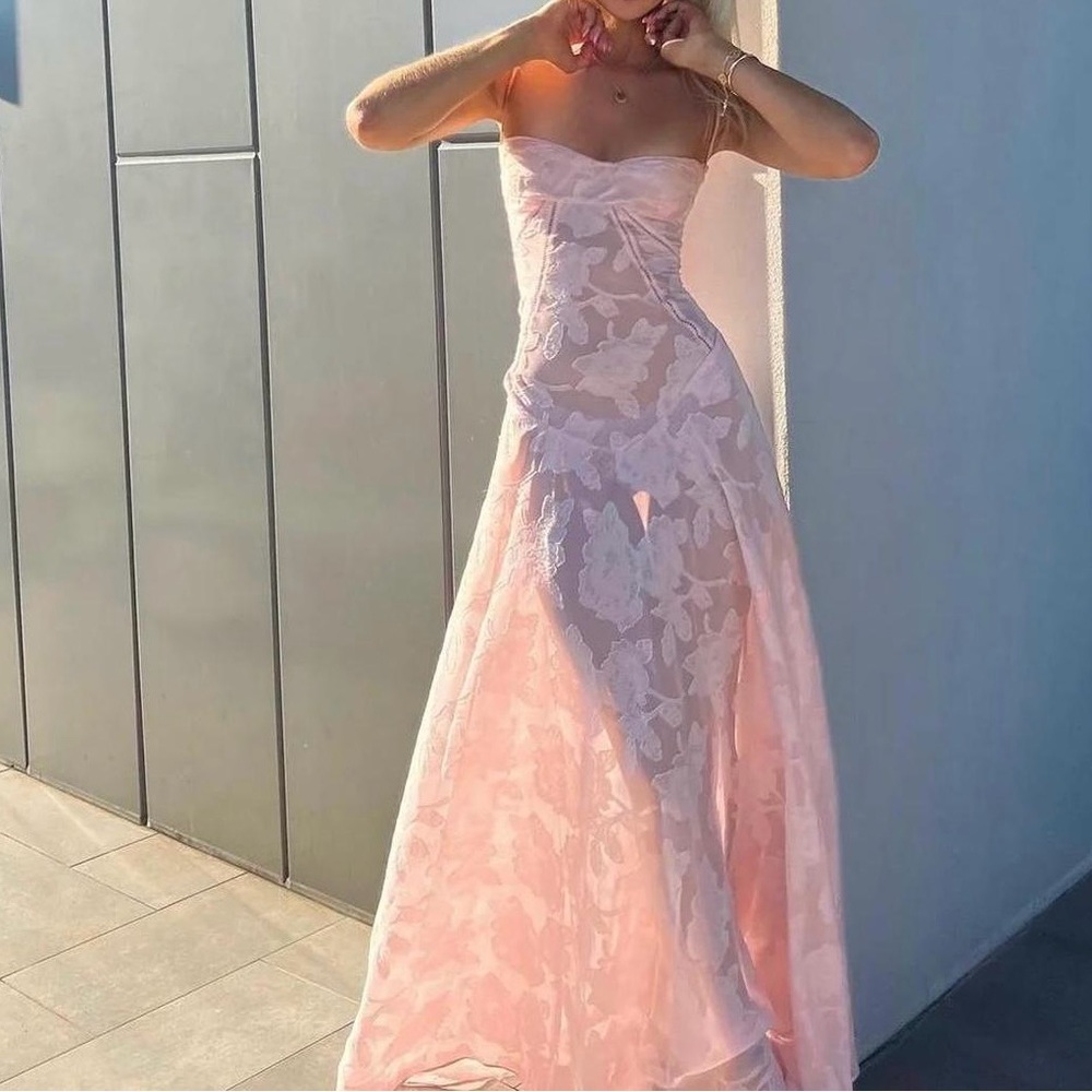 House of CB Seren Maxi Dress - Soft Pink Floral Lace Dress